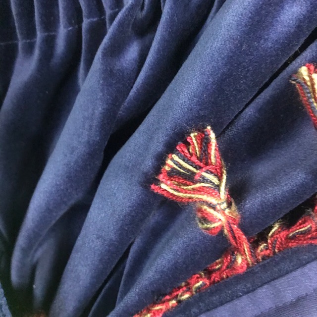 CURTAIN Pair Blue Navy Velvet w Red Tassel (Ex Long)